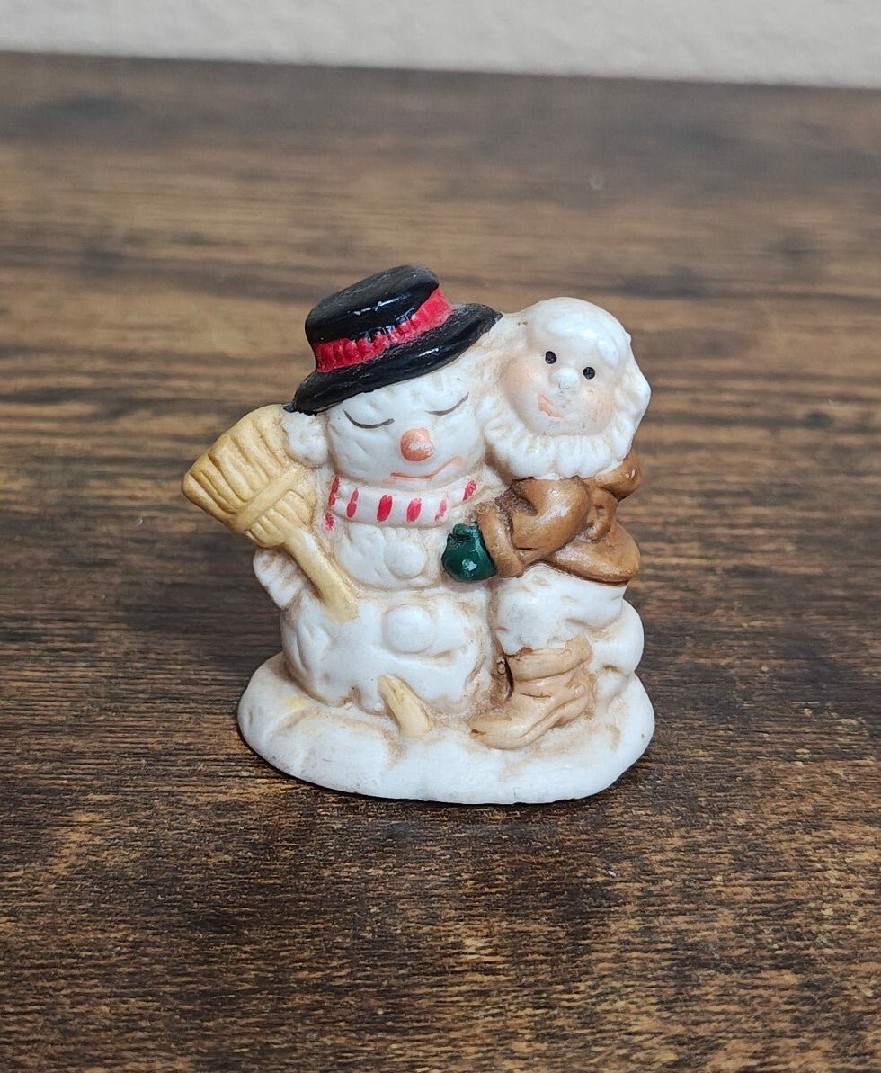 1993 Mercuries Miniature Snowman Hugging a Christmas Elf Or Gnome Ceramic Figure - Trinketmania-LV
