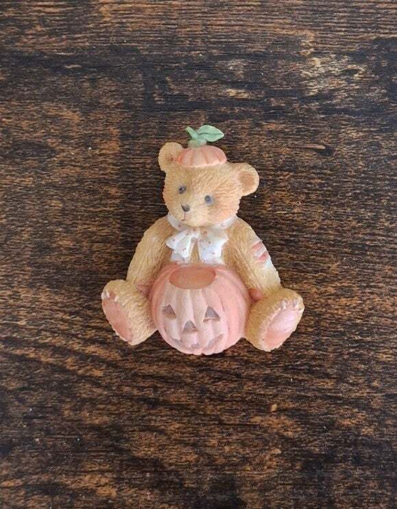 1995 Enesco Cherished Teddies Jack O'Lantern Teddy Bear Pin Brooch - Trinketmania