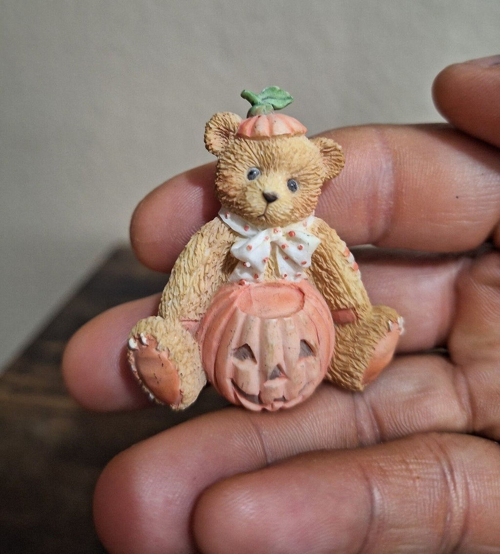 1995 Enesco Cherished Teddies Jack O'Lantern Teddy Bear Pin Brooch - Trinketmania