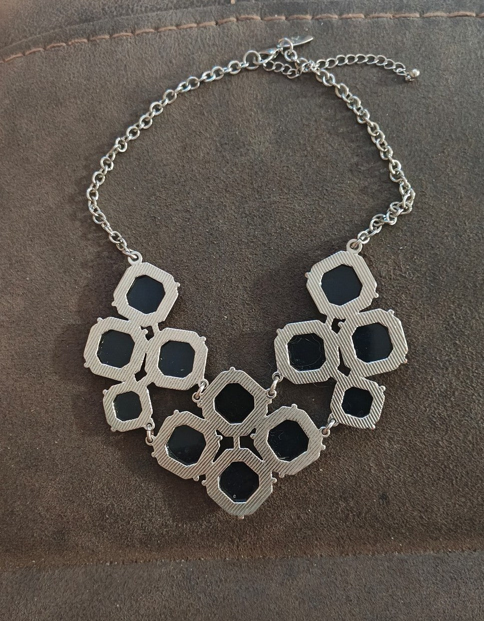 NYC Brand Silver Tone Black Geometric Silver Tone Statement Necklace.