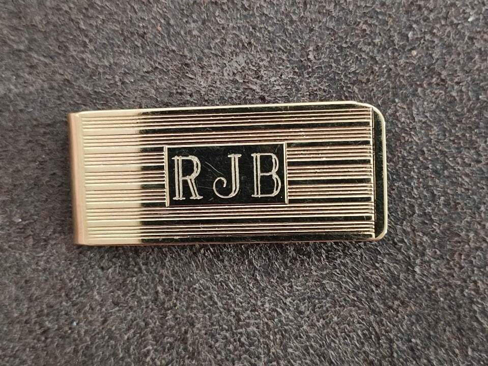 1960s Gold-Tone Engine-Turned Money Clip Monogrammed "RJB"