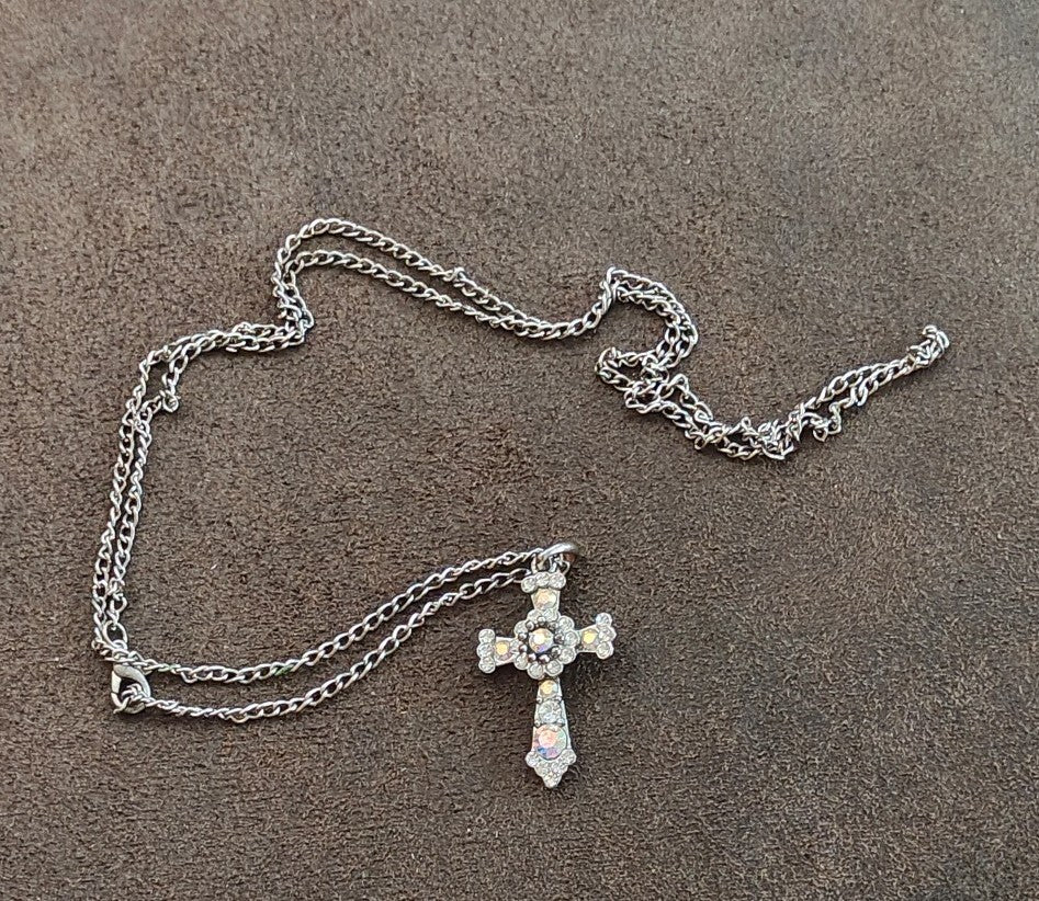 1990s Filigree With Aurora Borealis Rhinestones Silver Tone Cross Necklace