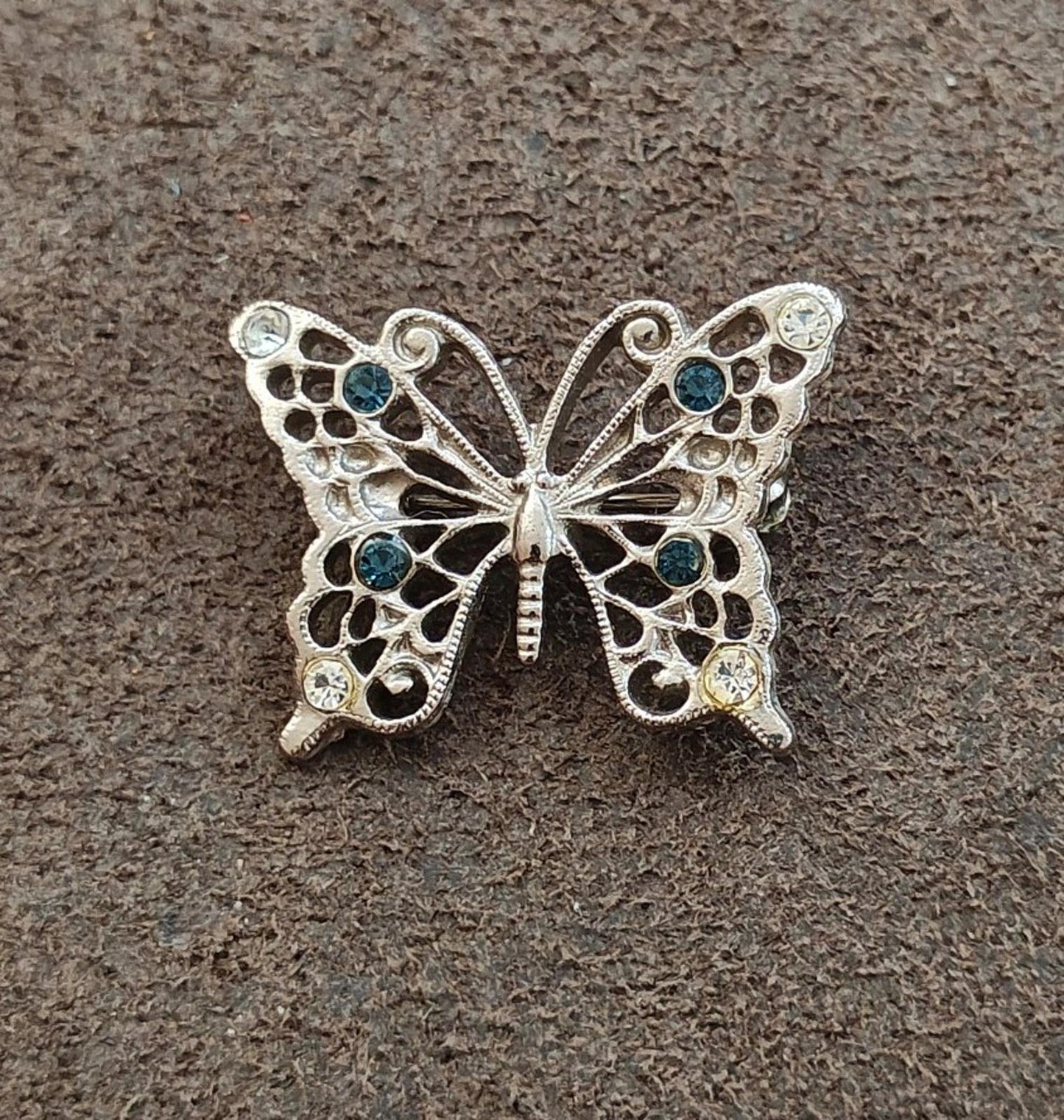 1950s Silver Tone With Clear & Blue Rhinestones Butterfly Brooch
