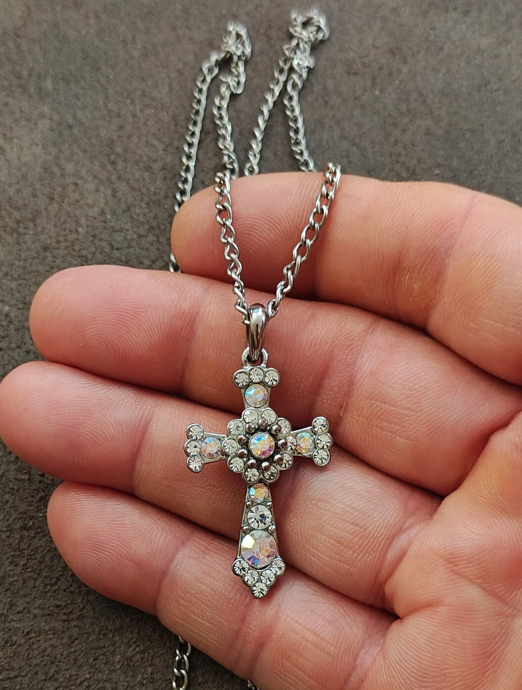 1990s Filigree With Aurora Borealis Rhinestones Silver Tone Cross Necklace