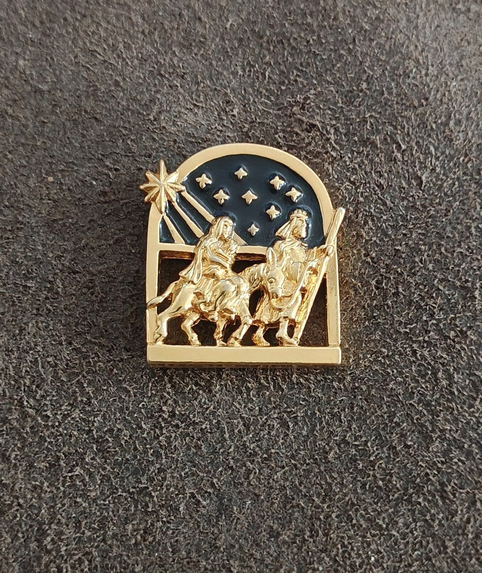 1994 Avon "Holy Family" Nativity Christmas Gold Tone & Dark Blue Enamel Pin