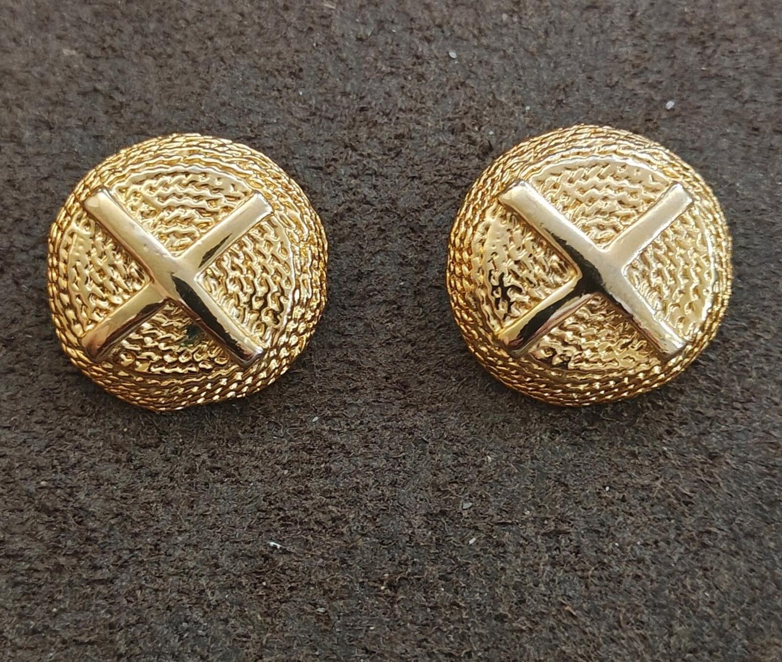 1980s Gold Tone Domed Textured Classic X Design Clip On Earrings