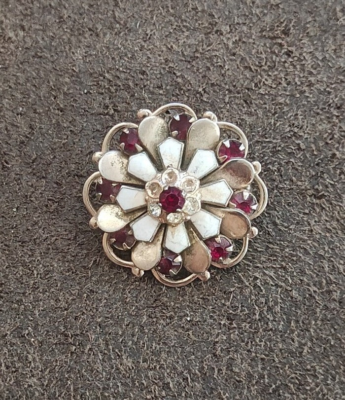 1950s Layered Flower Brooch With Red Rhinestones Gold Tone White Enamel Brooch