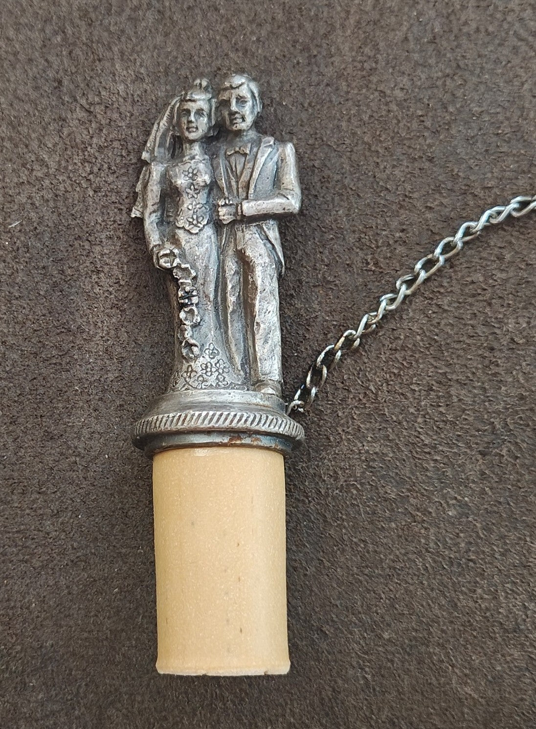 1980s Pewter Bride & Groom Wine Bottle Stopper