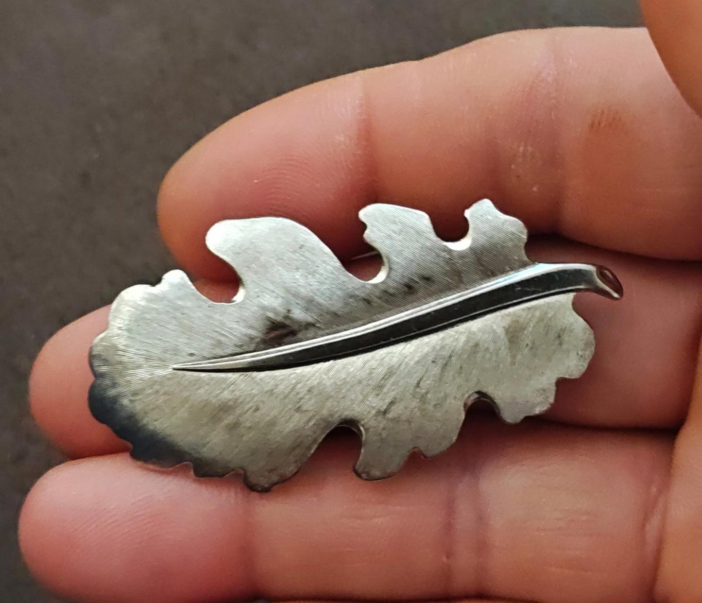 1970s Silver Tone Textured Leaf Brooch