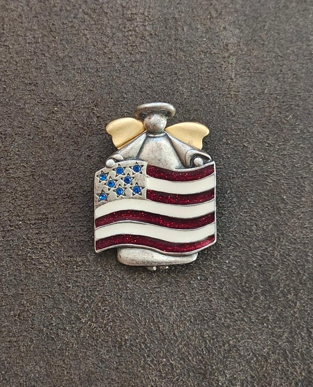 1980s Signed AJMC Fine Pewter Patriotic American Flag Angel Brooch
