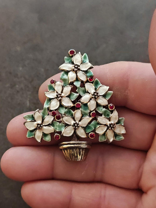 1960s Gold Tone Christmas Tree Brooch Featuring a Poinsettia Floral Design