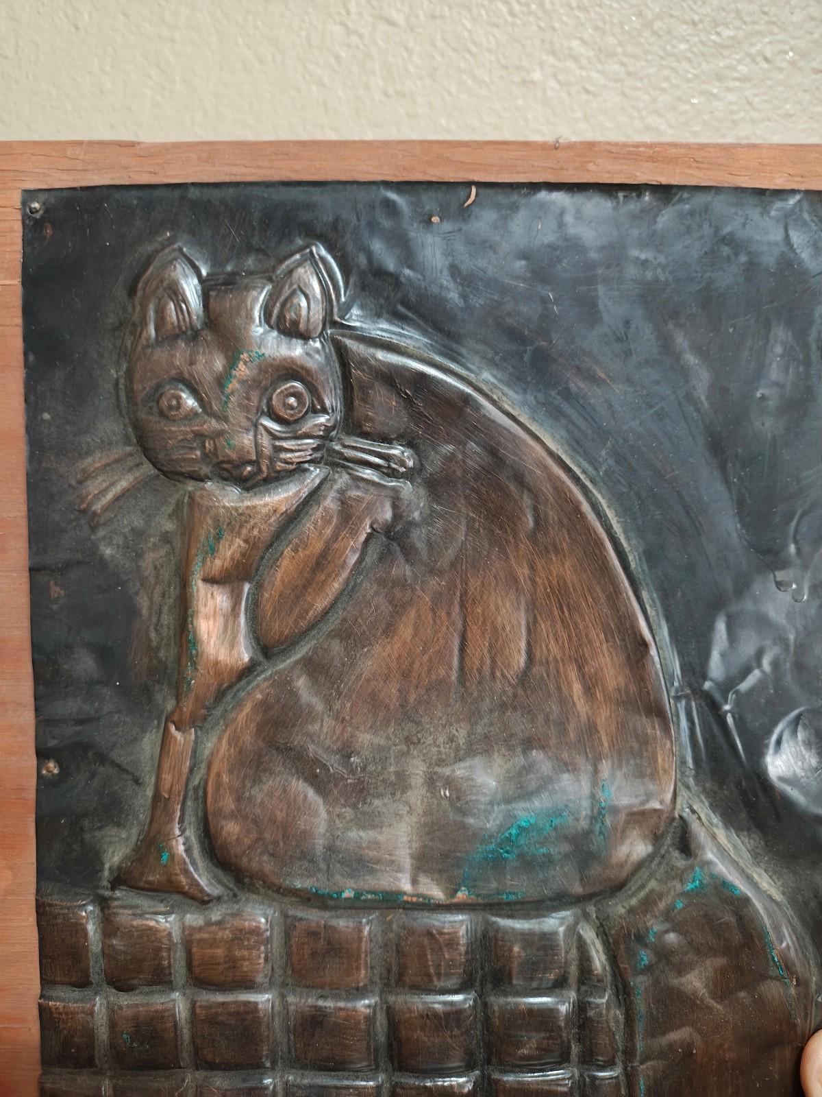 1980's Embossed Copper Work Depicting A Cat