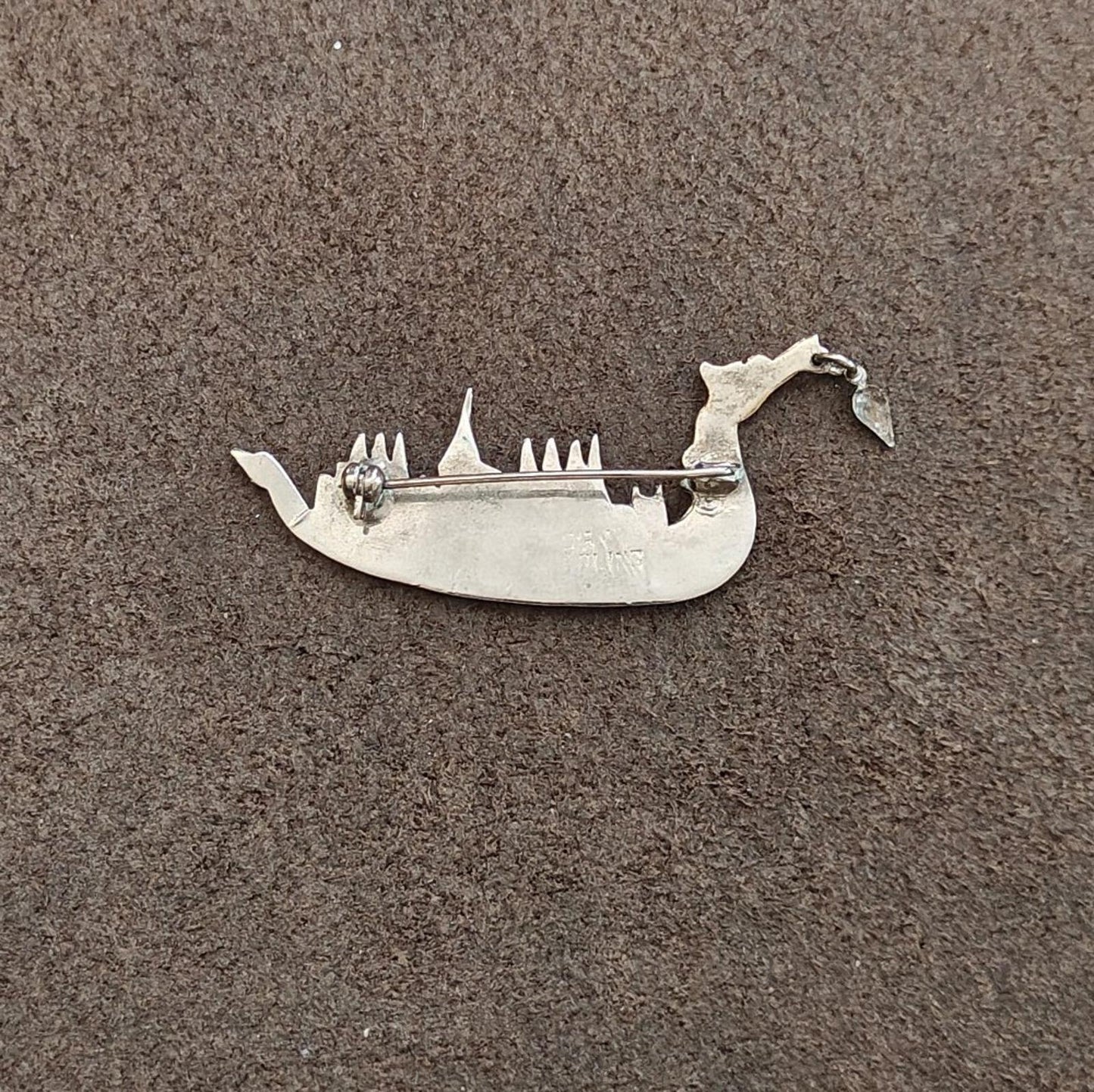 1950's Siam Thai Royal Dragon Sterling Silver Black and White Enamel Brooch