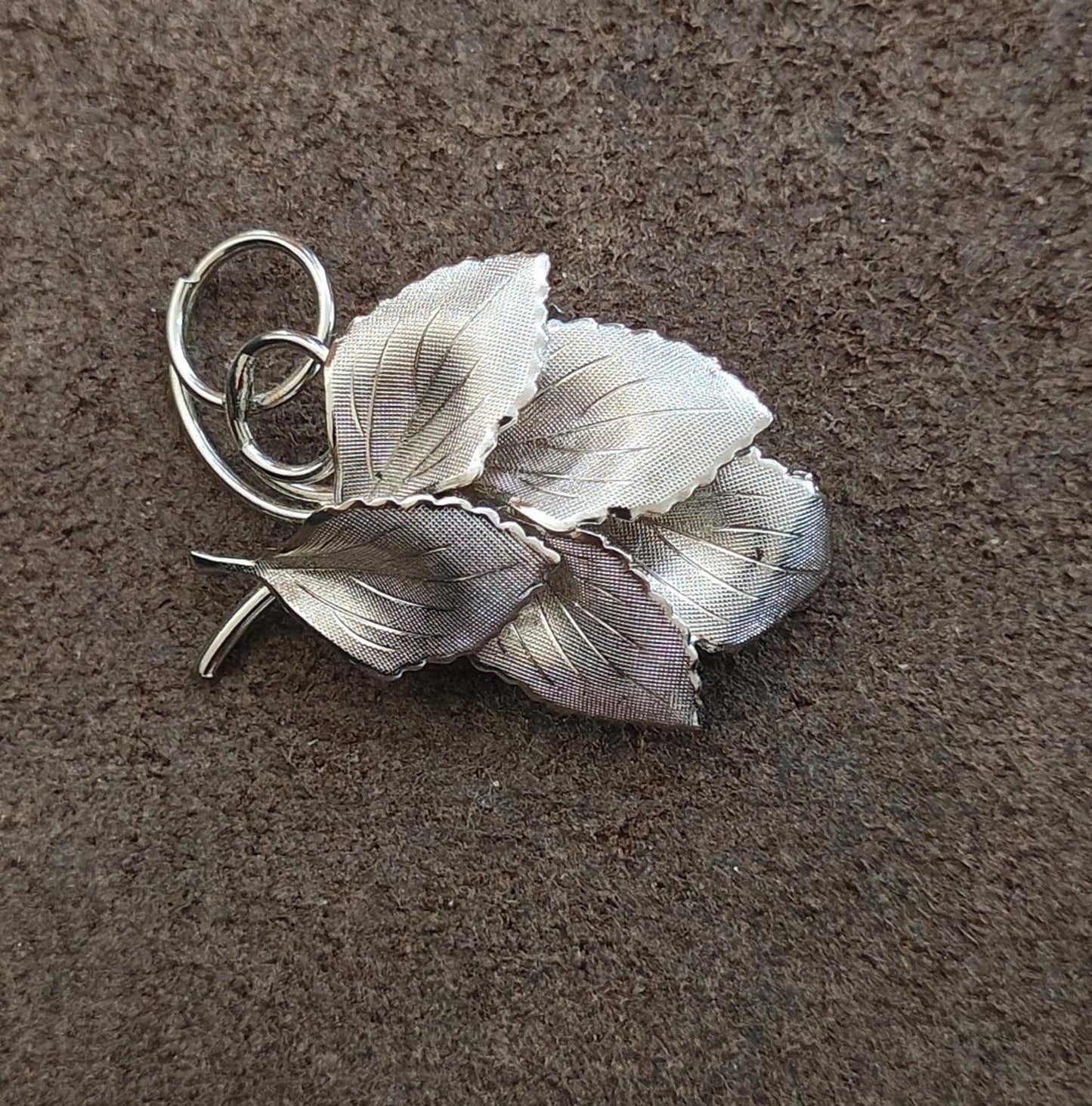 1960s Polished Finish Silver Tone Bunch of Leaves Textured Brooch