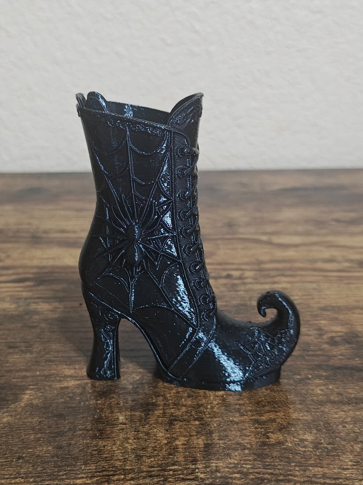 3D Printed Black Gothic Curled Toe Spider Web Witch Boot Small Vase/Holder