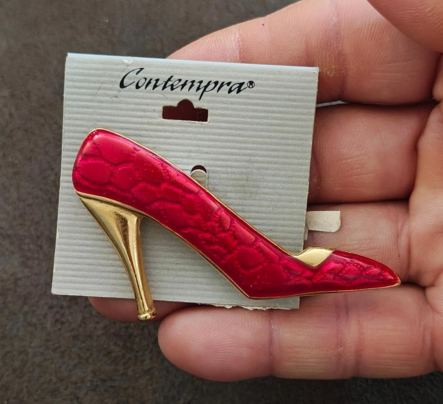 1990s Contempra Red High Heel Gold Tone Red Acrylic Shoe Brooch