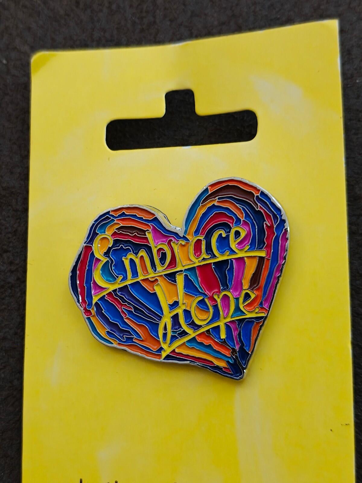 1990s Penzeys Spices Embrace Hope Rainbow Heart Enamel Pin New