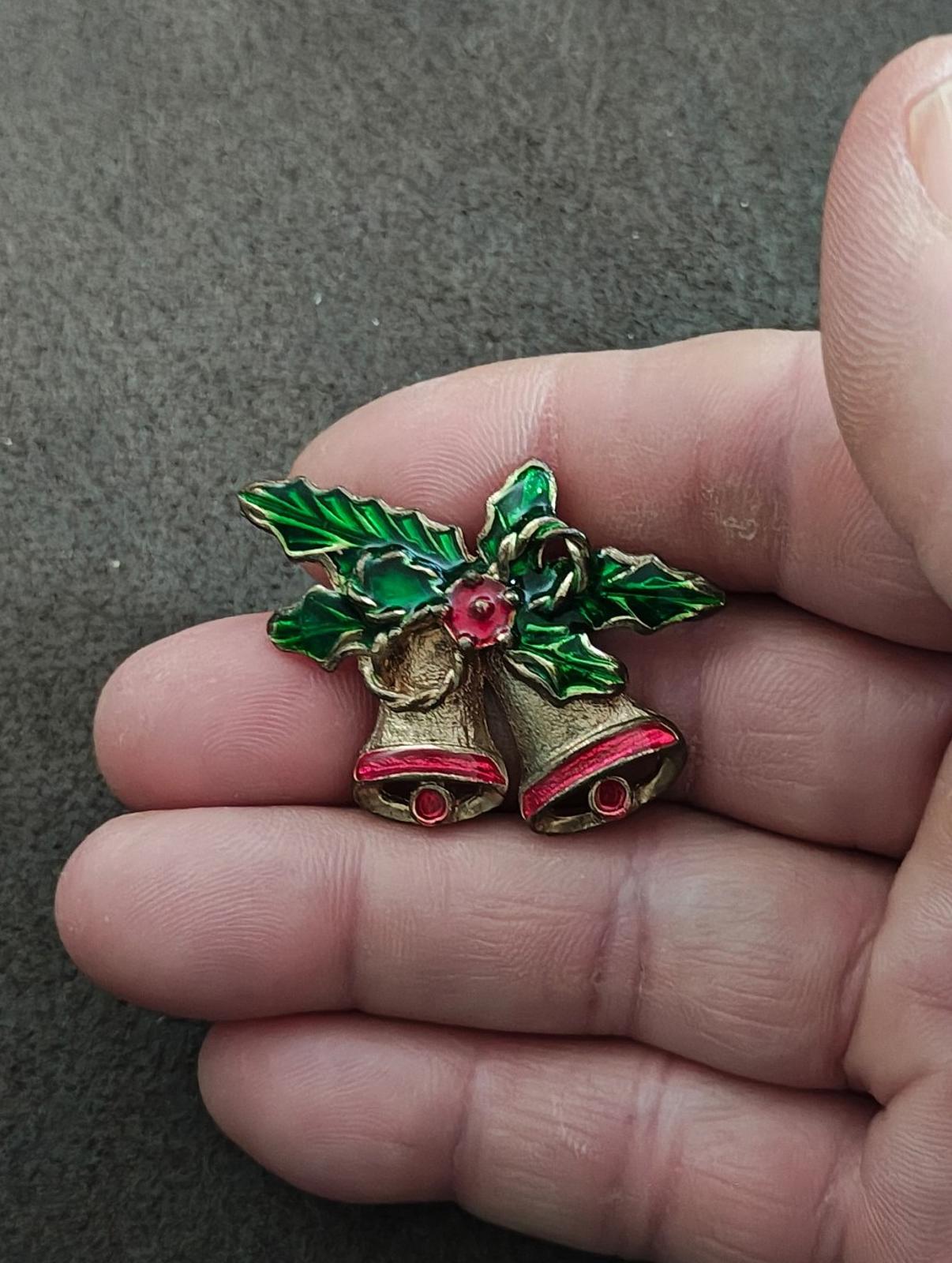 1970s Gold Tone Enamel Christmas Bells Brooch Pin