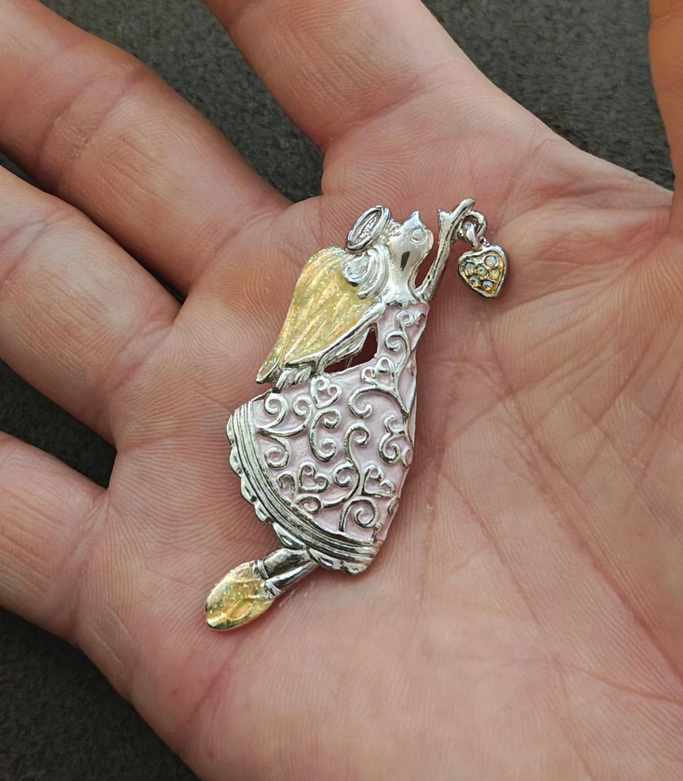 1980s Vintage Signed AAI Silver Tone Enamel Angel Brooch Pin