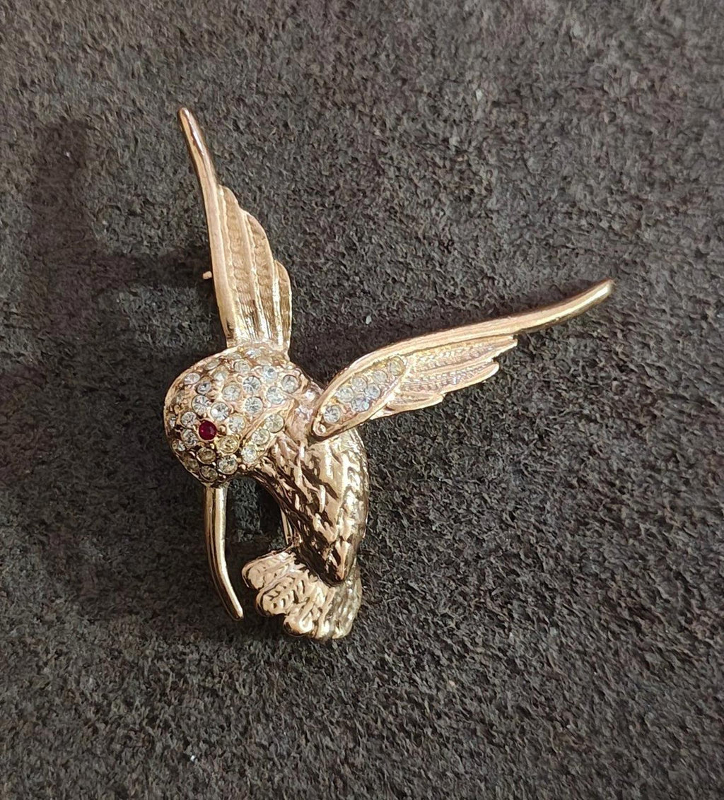 80's Gold Tone Hummingbird With Clear and Red Rhinestones