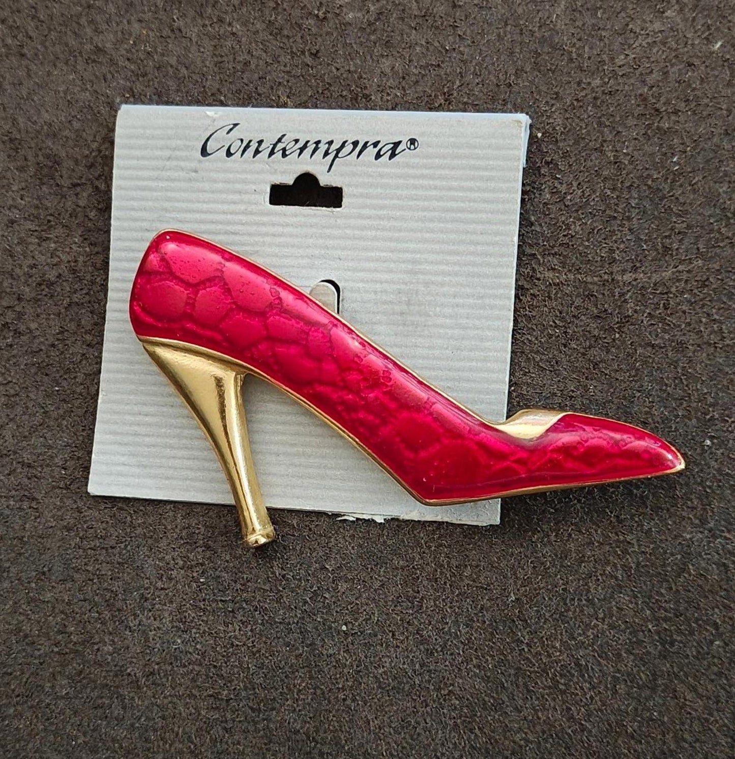 1990s Contempra Red High Heel Gold Tone Red Acrylic Shoe Brooch