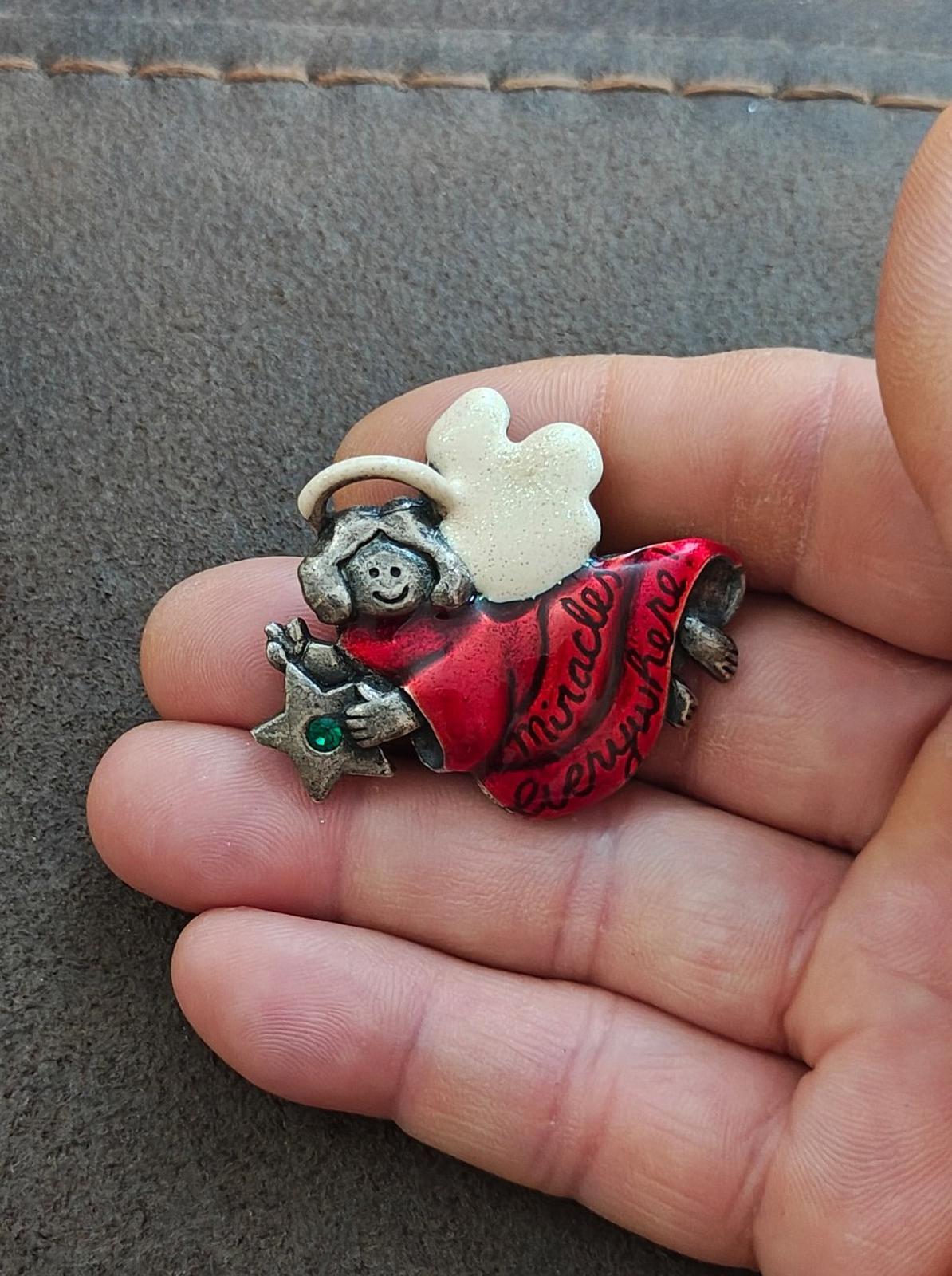 1980's Glittery Enamel Angel with Rhinestone Brooch