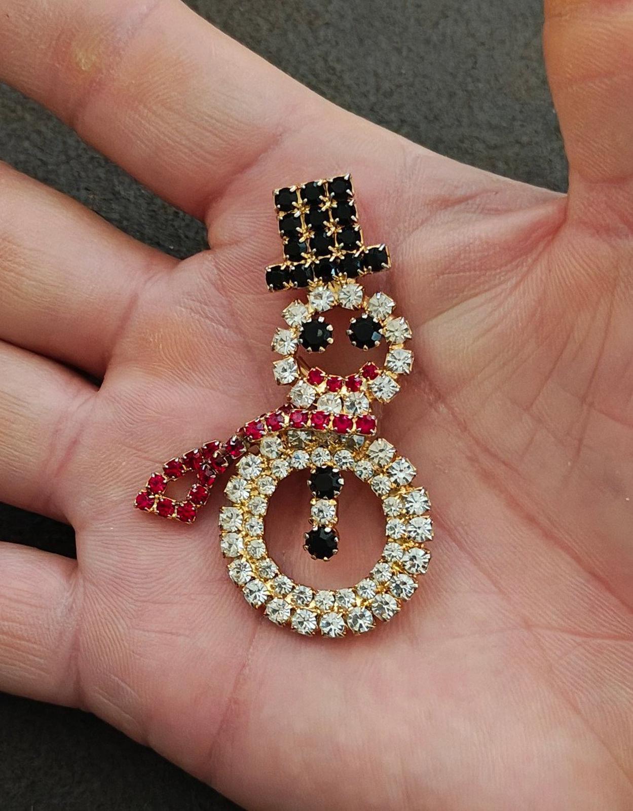 1990s Gold Tone With Red, Black and Clear Rhinestones Snowman Brooch