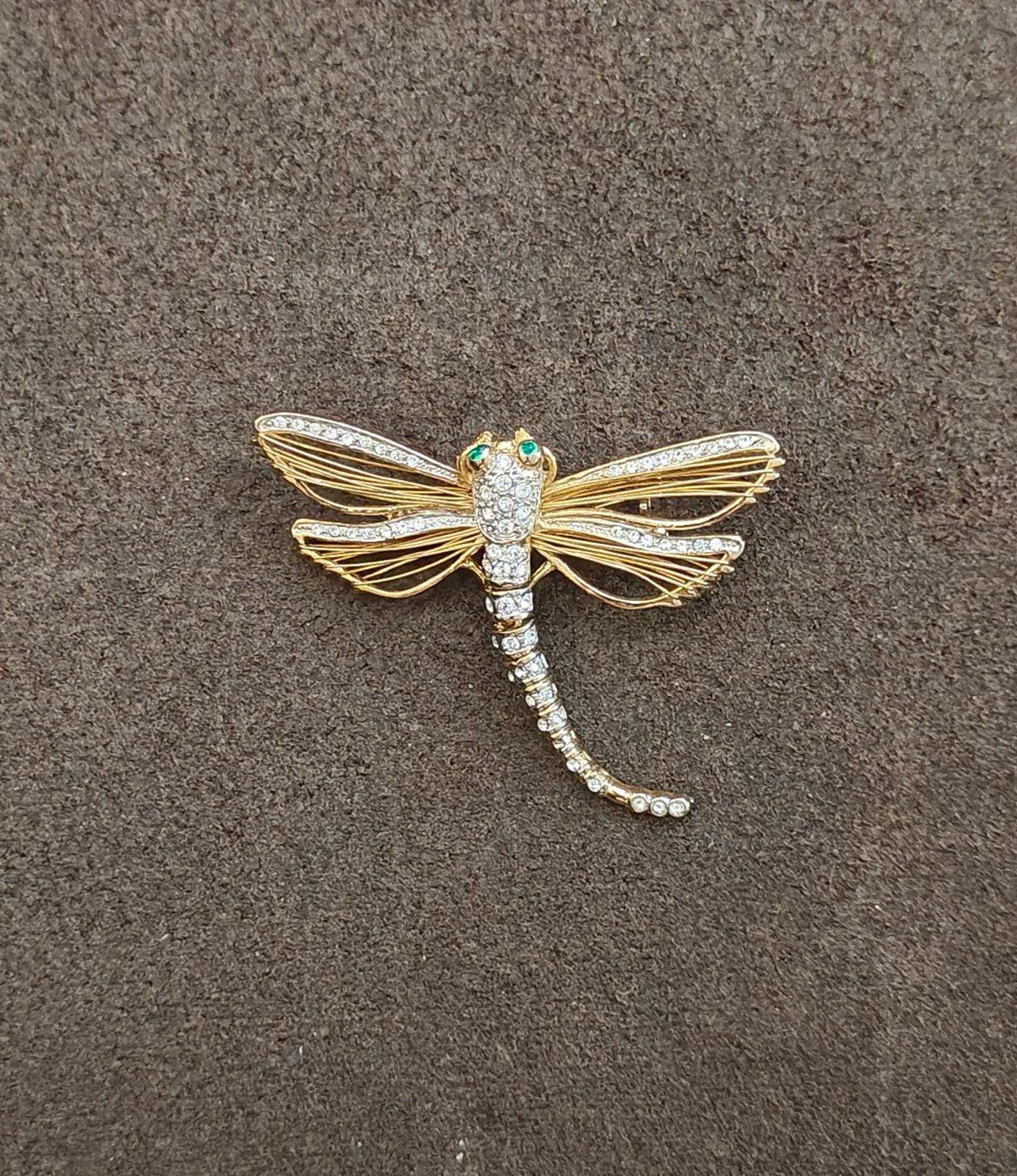 1990's Gold Tone With Clear Rhinestones and Green Enamel Eyes Dragonfly Pin