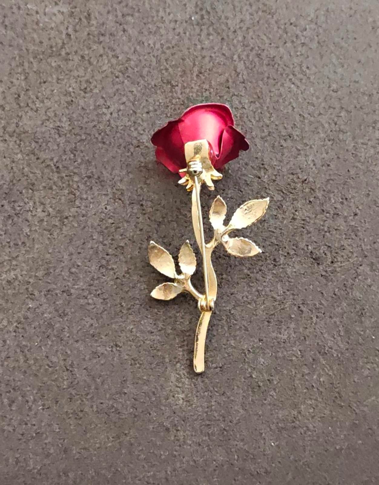 1980s Gold Tone Long Stem Textured Red Rose Brooch