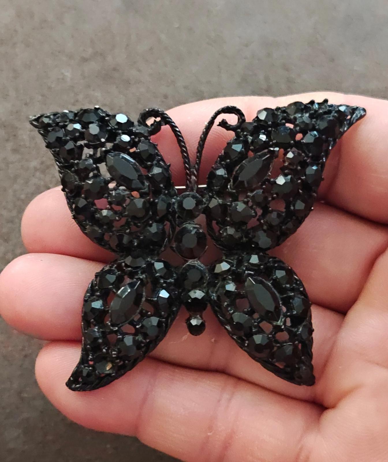 1950's Black Rhinestone Butterfly Brooch