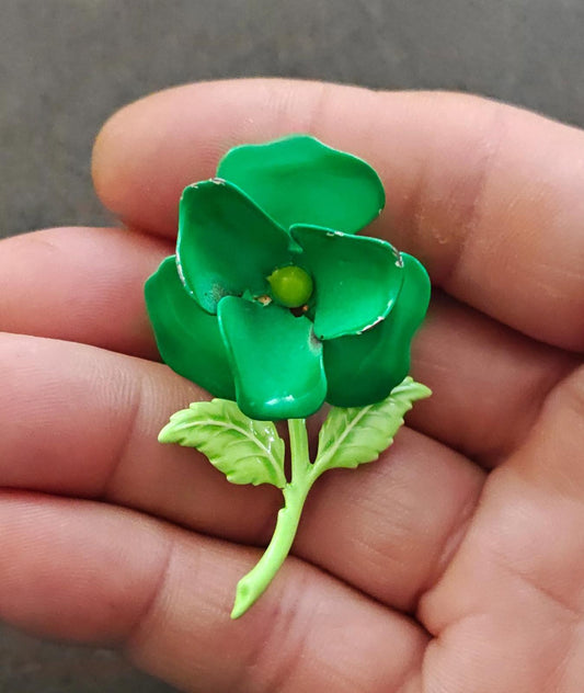 1960s Metal With Green Enamel Flower Statement Brooch Pin