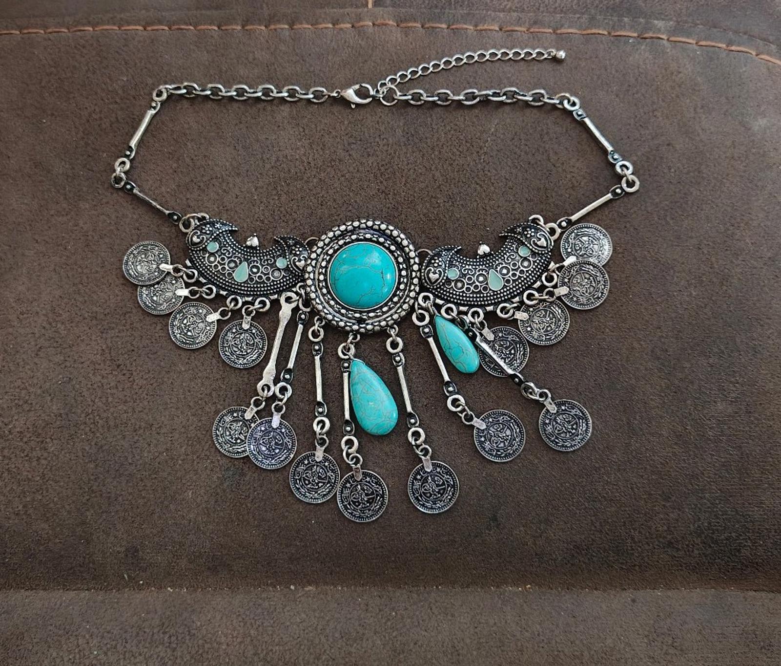 Silver tone boho bib statement necklace with turquoise blue cabochon and dangling coins