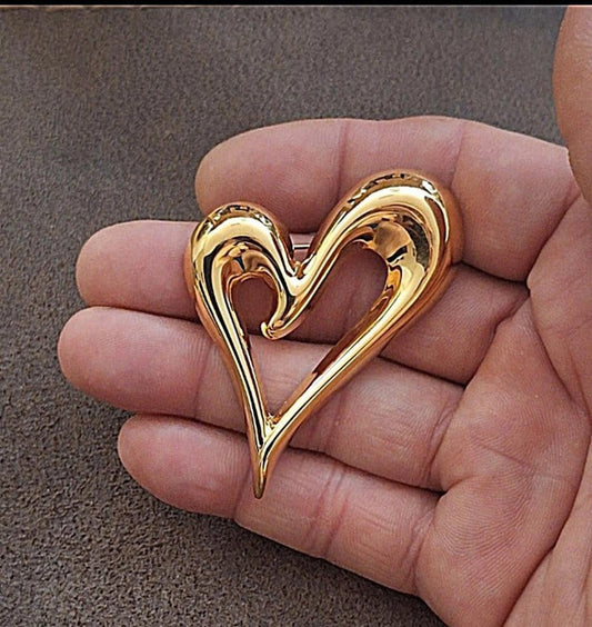 1980's Signed Monet Puffy Shiny Stylized Heart With Open Center Pin