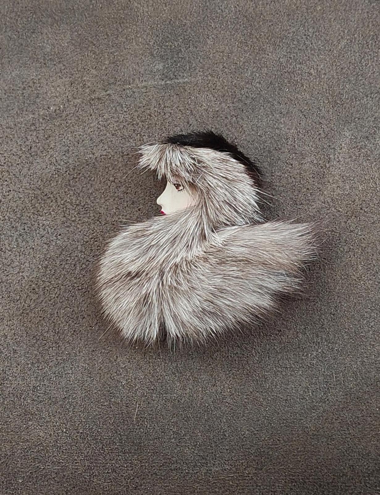 1980's Han Shin Fur Co Ltd Porcelain & Real Fur Brooch