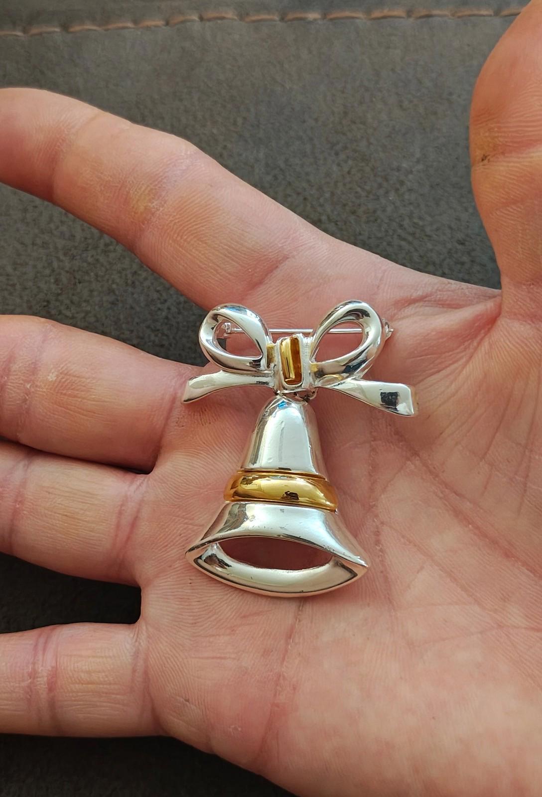 1980s Two Tone Christmas Bell With Bow Brooch
