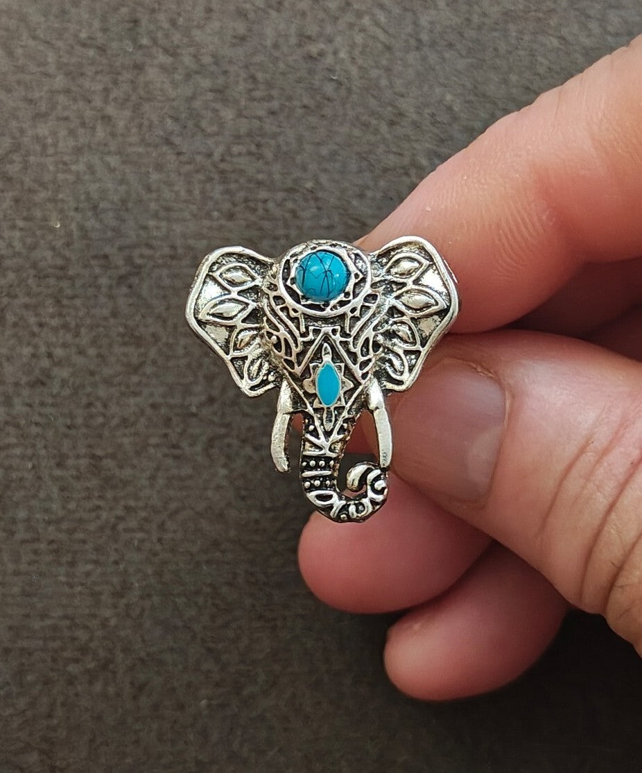Bohemian Style Silver Tone With Faux Turquoise Stones Elephant Statement Ring