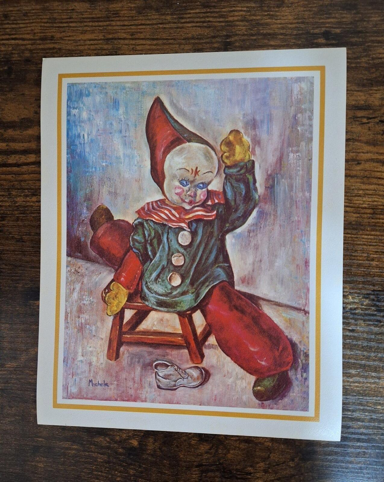 1960s Clown Doing Splits Lithograph Print Artist Signed Michele Reprint