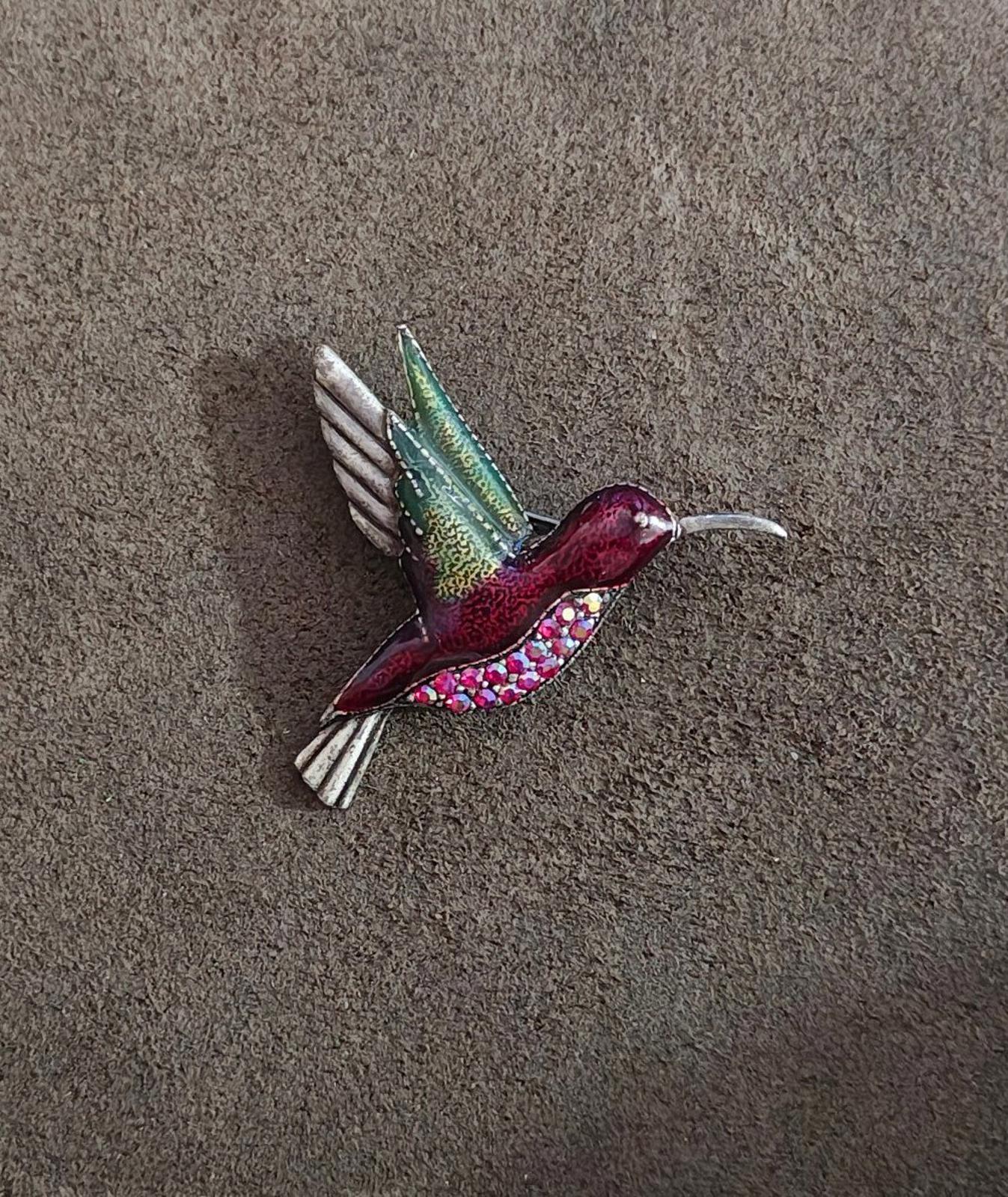 1980's Vintage Silver Tone With Rhinestones Enamel Hummingbird Brooch Pin