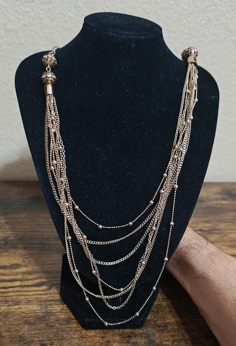 Boho Style Gold Tone Layered Multi-Strand Mixed Chains Statement Necklace