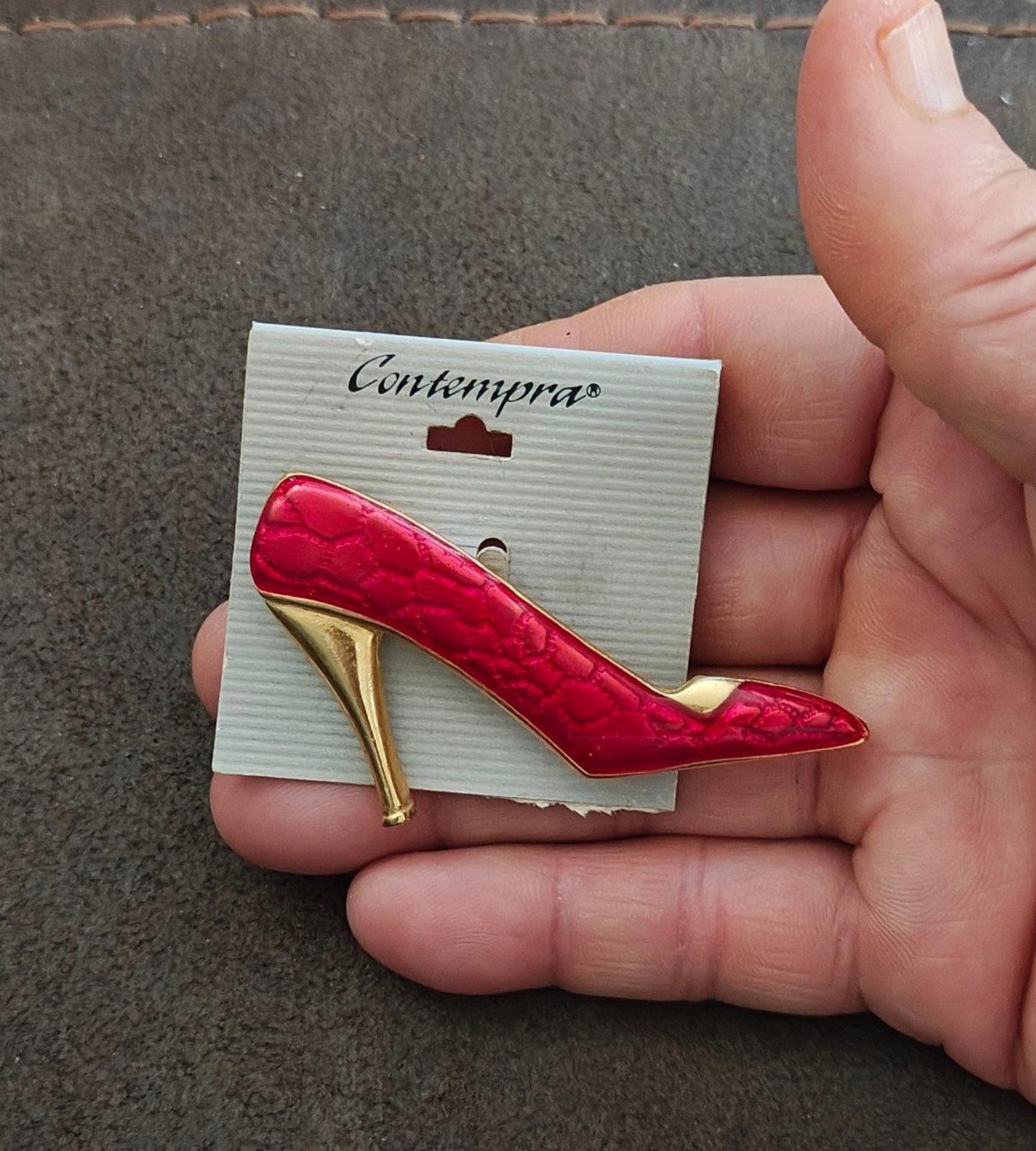 1990s Contempra Red High Heel Gold Tone Red Acrylic Shoe Brooch