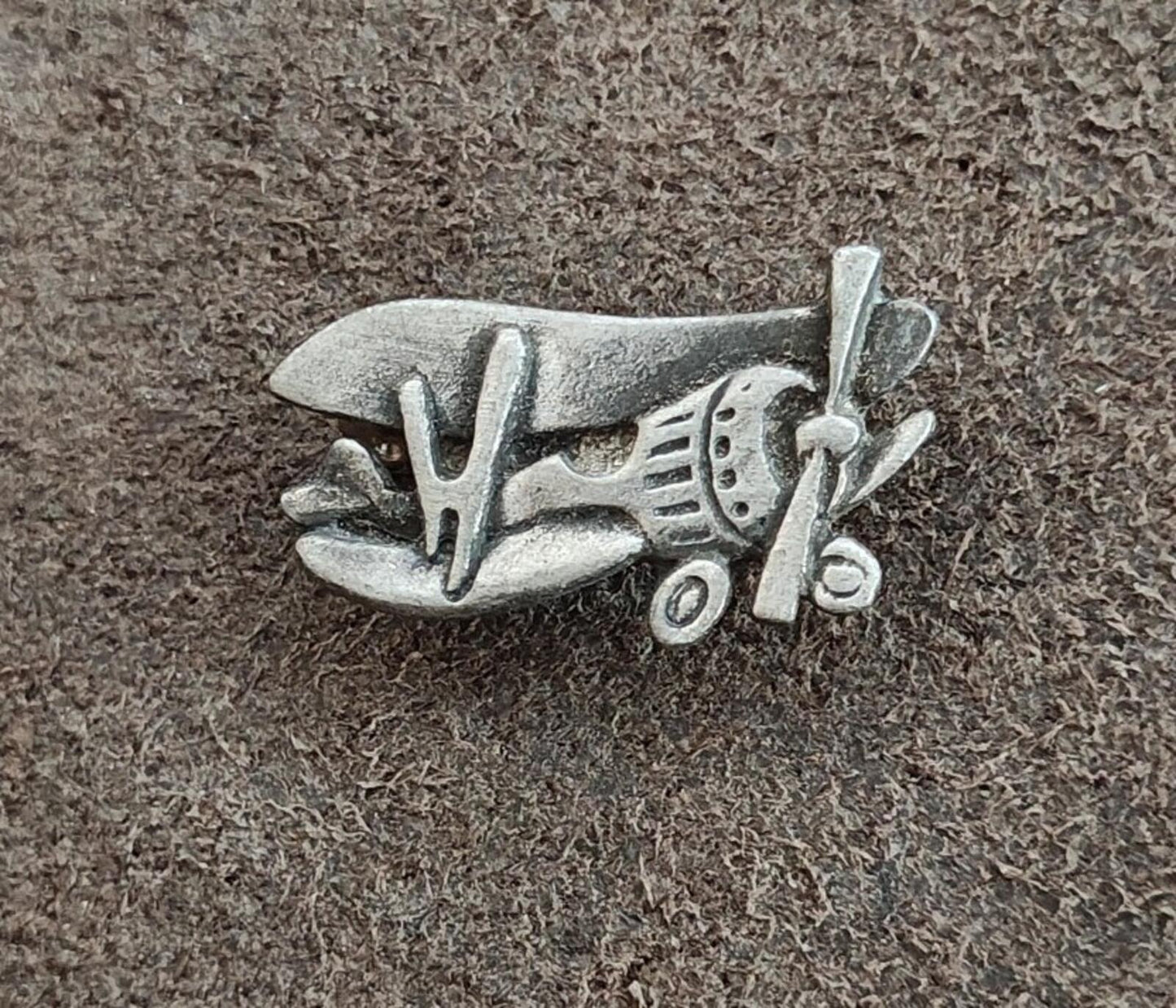 1970s Signed AJR Company Pewter Biplane Airplane Brooch Pin