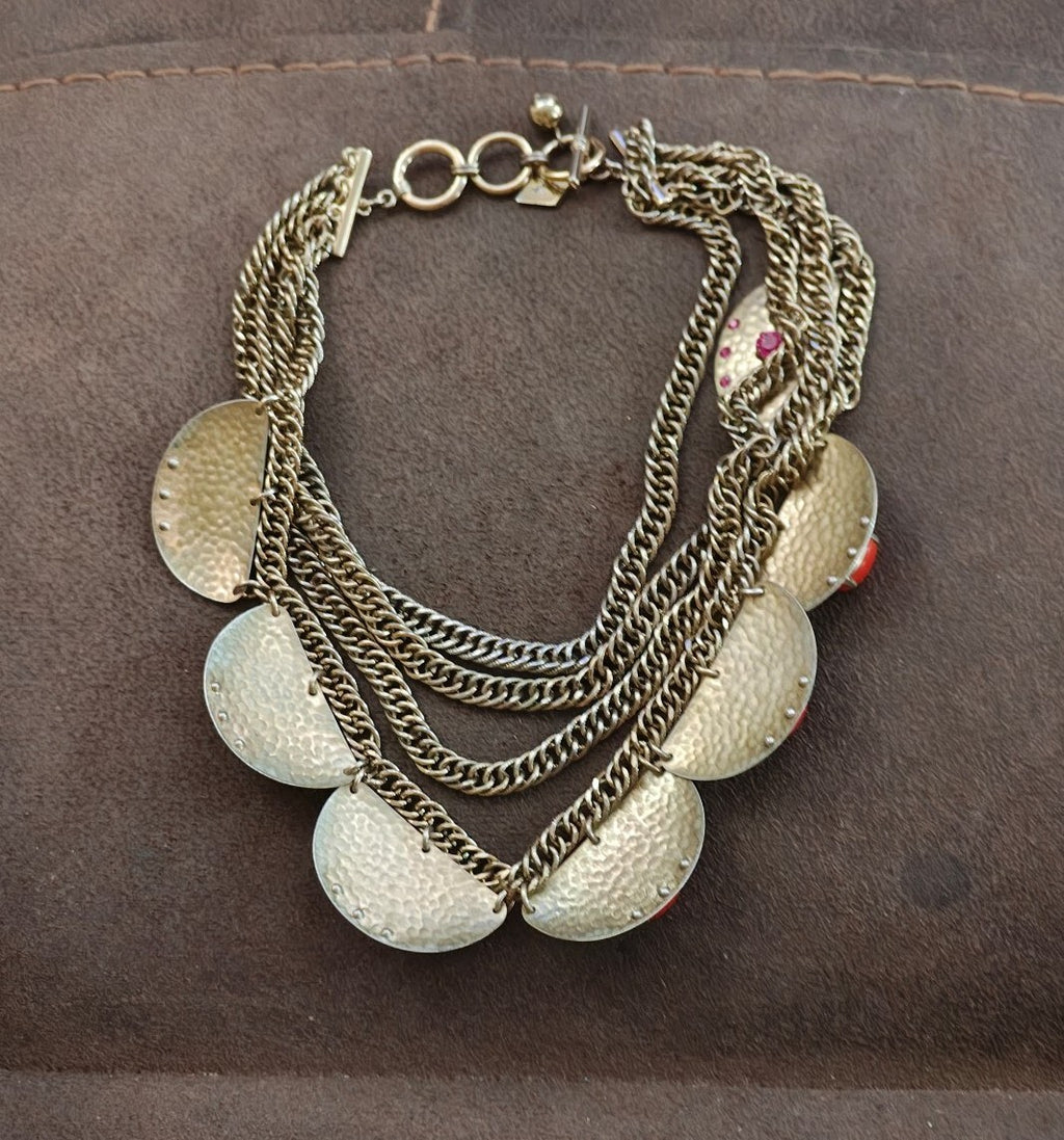 2000s Sequin Gold Tone Rhinestones & Red Stones Statement Necklace