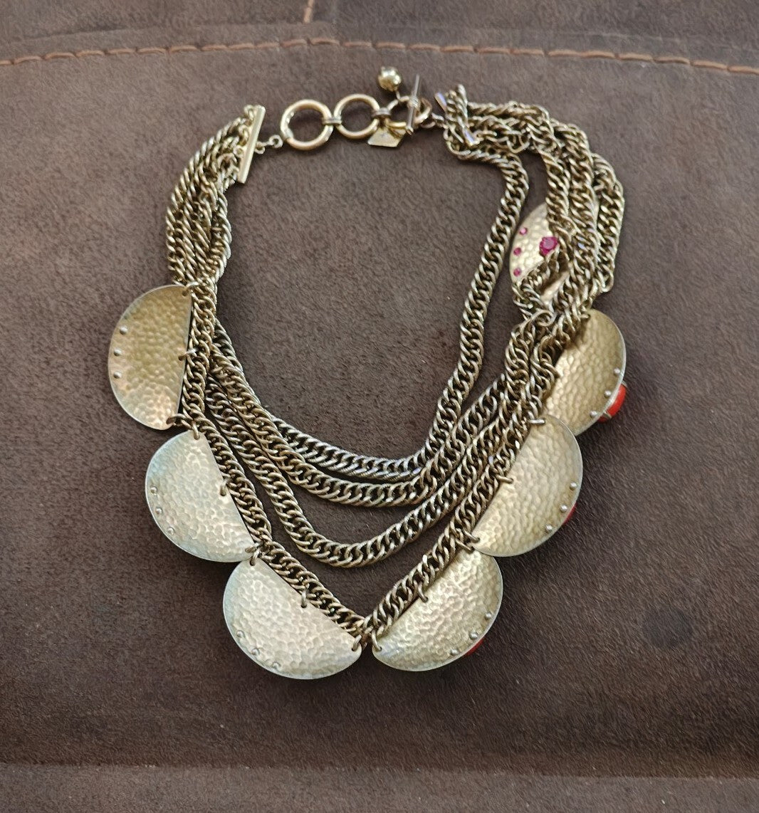2000s Sequin Gold Tone Rhinestones & Red Stones Statement Necklace