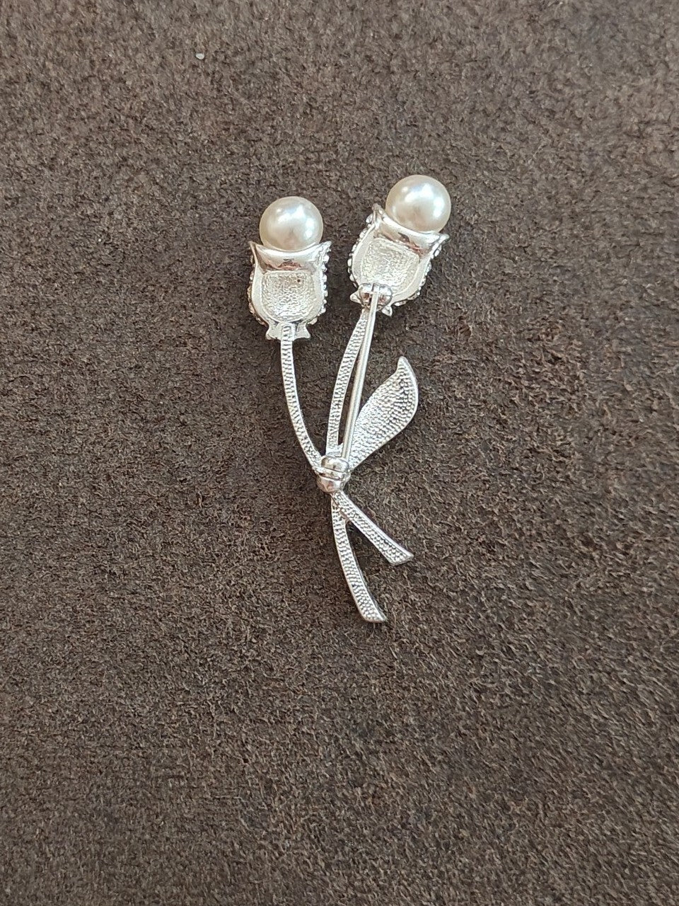 1990s Silver Tone With Sparkling Rhinestones Tulips With Faux Pearls Brooch