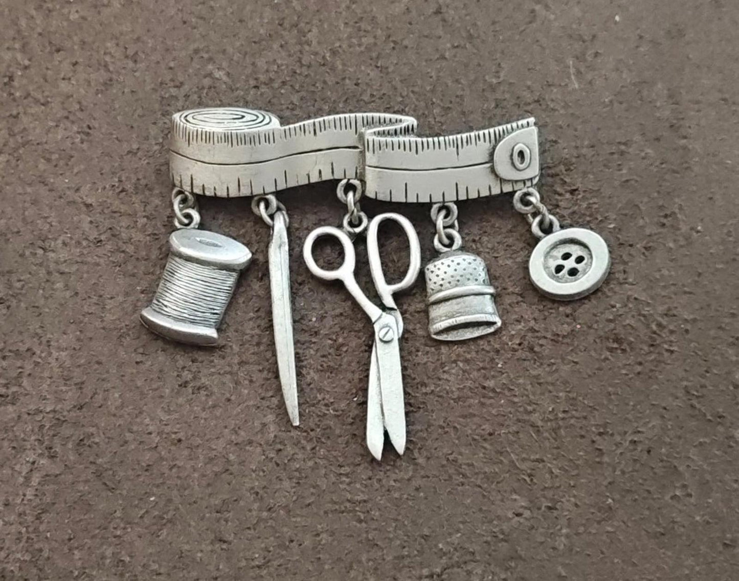 1980s JJ Jonette Sewing Theme Pewter Dangle Brooch