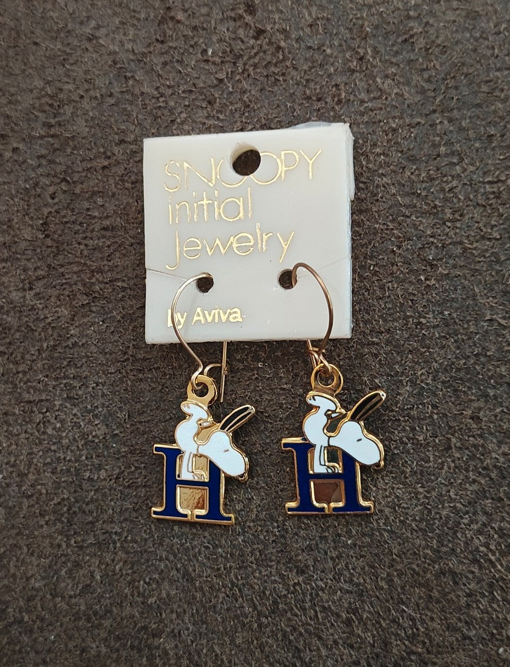 1970s Peanuts Snoopy Initial "H" Gold Tone Cloisonné Enamel Dangle Earrings New