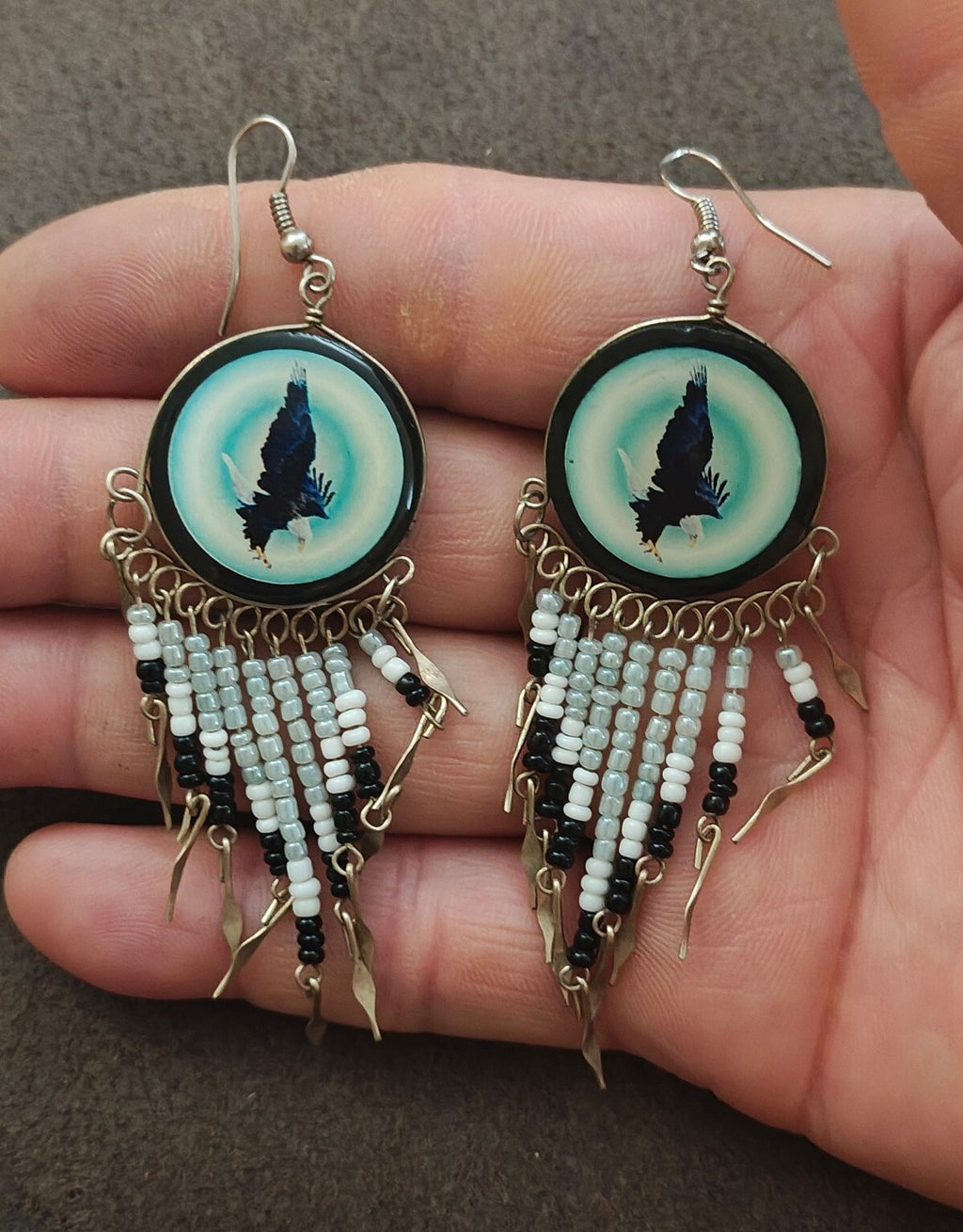 Native American Style Eagle Beaded Fringe Dangle Earrings