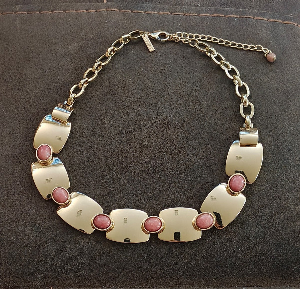 WHBM Gold Tone Rectangular Panel Pink Rhodonite Choker Statement Collar Necklace