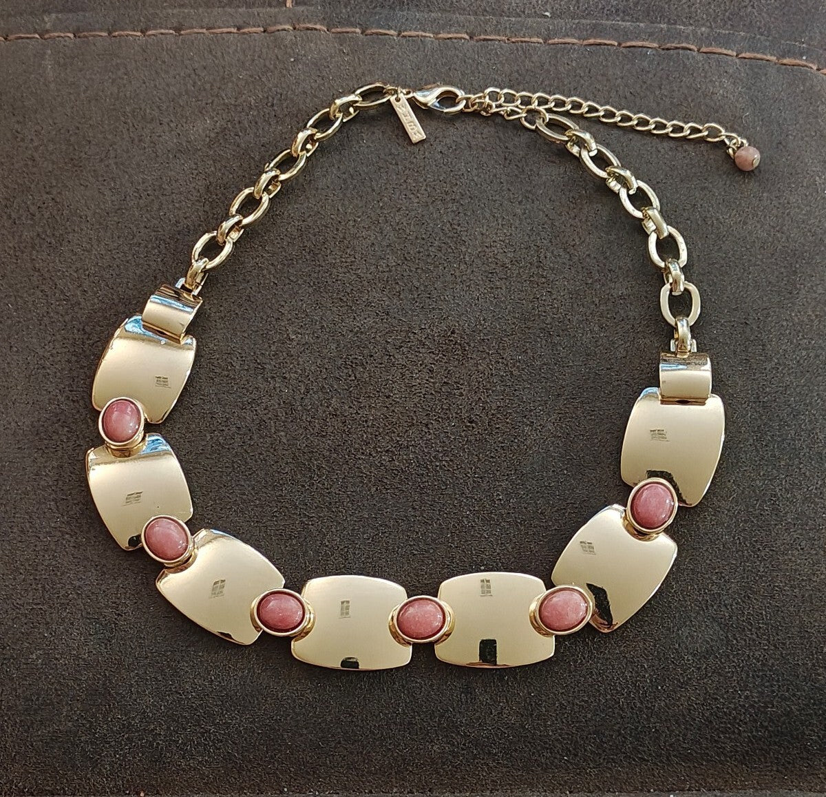 WHBM Gold Tone Rectangular Panel Pink Rhodonite Choker Statement Collar Necklace