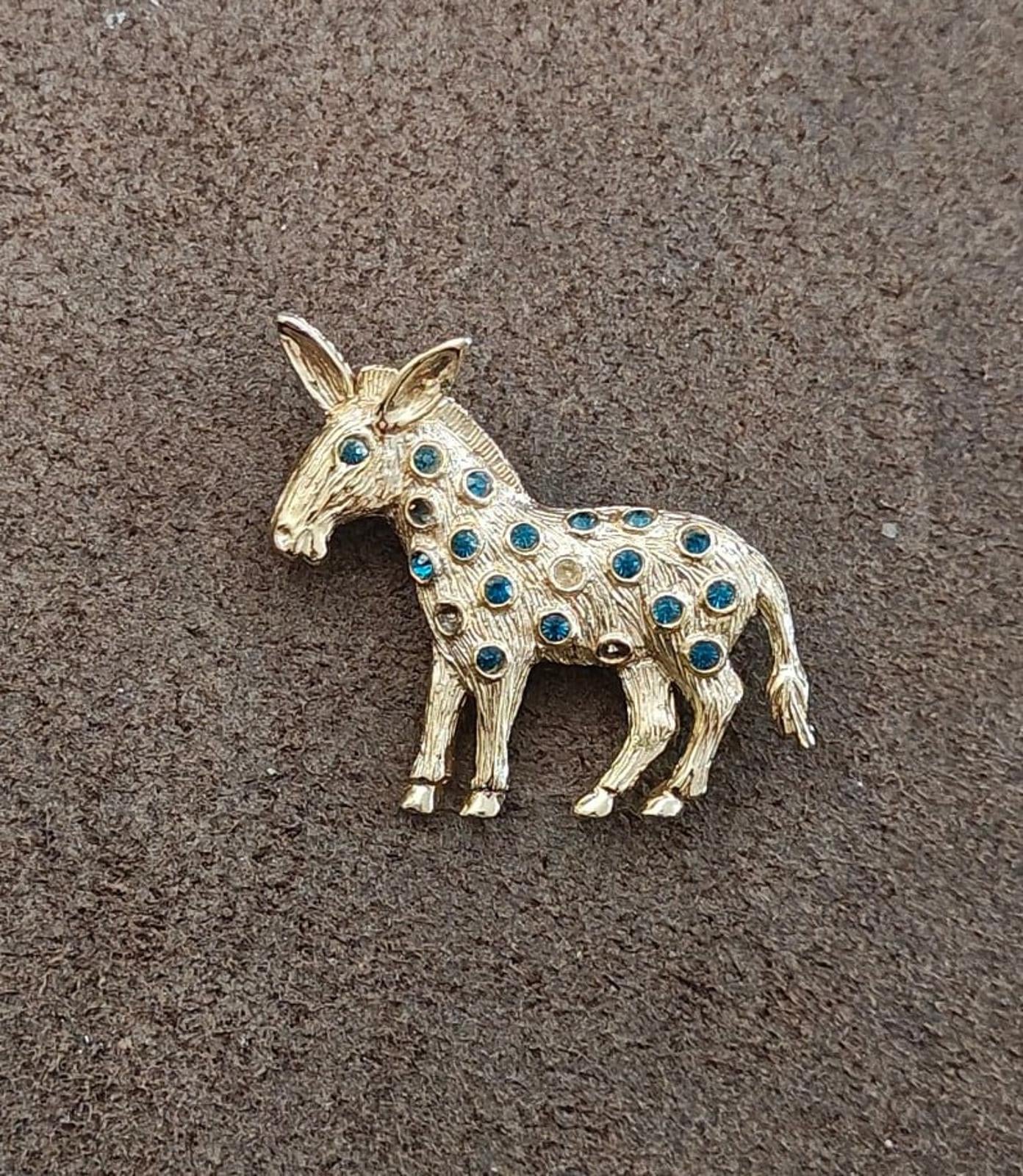 1950s/60s Vintage Dodds Donkey With Blue Rhinestones Gold Tone Brooch Pin